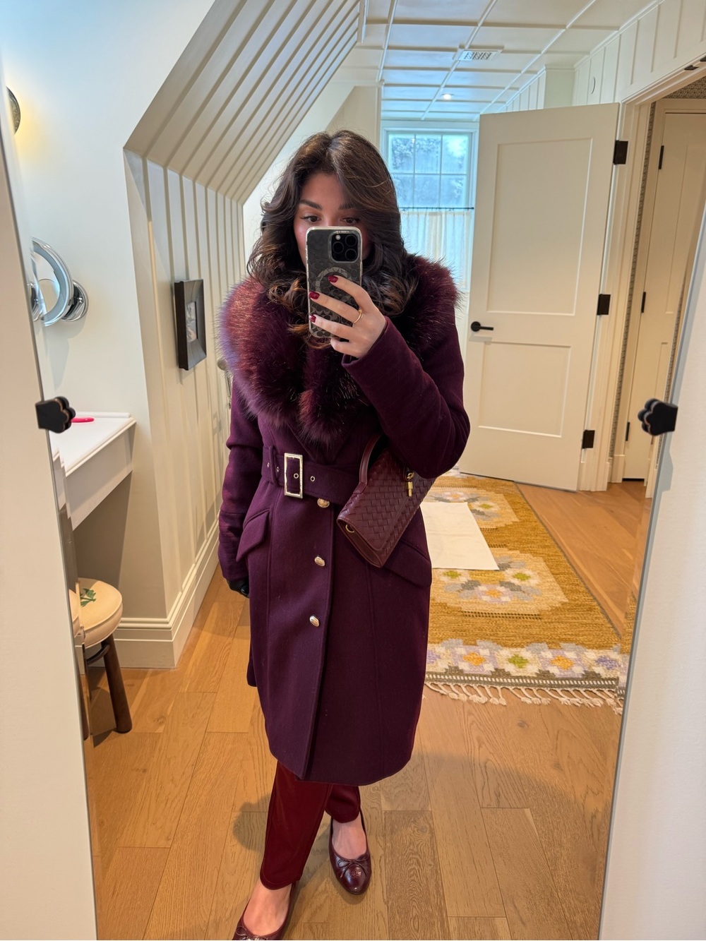 GUESS Wool Trench Coat with Faux Fur Collar